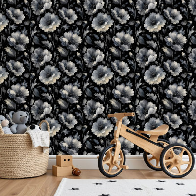 Papier peint adhésif peler et coller en PVC, revêtement mural auto-adhésif amovible avec grandes fleurs d'anémone à motif floral noir et blanc, imperméable pour la décoration intérieure - rouleau