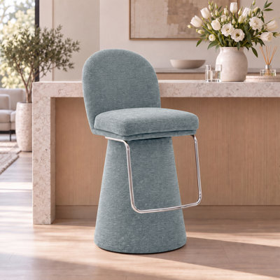Tabouret de bar Everly Modern bleu pivotant à 360° avec revêtement rembourré, pied central et repose-pieds chromé