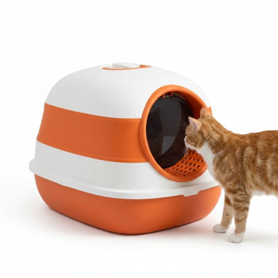 Enclosed waste receptacle for felines.