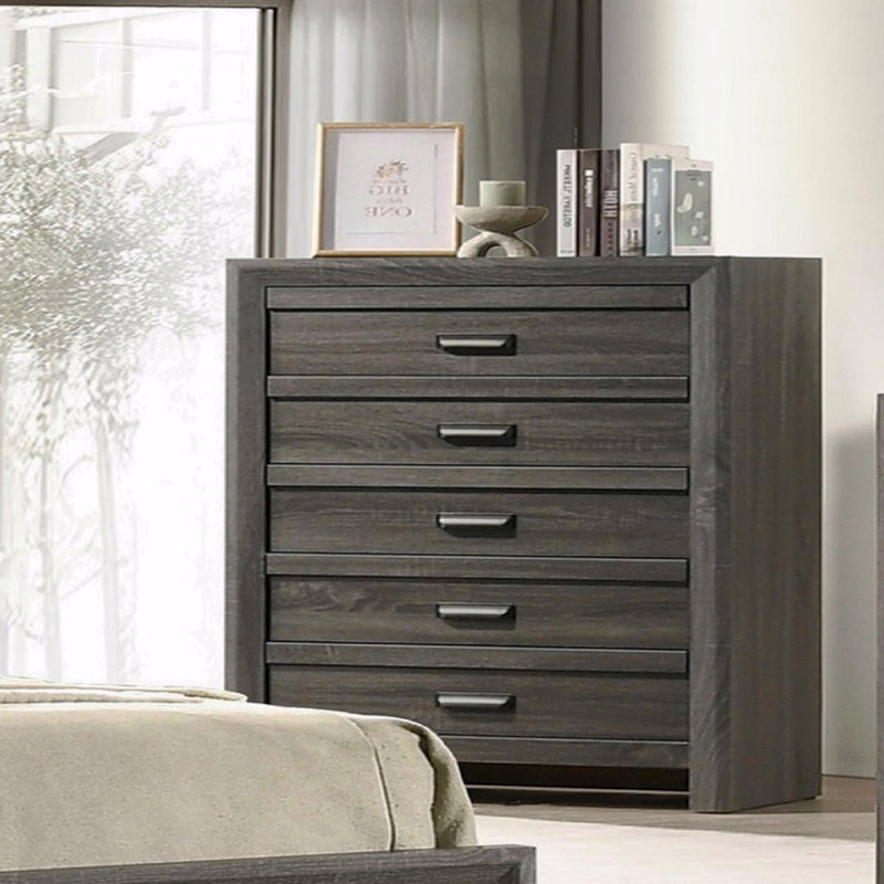 Meuble de chambre à coucher 1 tiroir rustique contemporain à cinq tiroirs de rangement à finition grise rustique, Gris