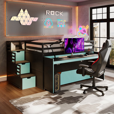 Full XL Loft Bed with Pull-Out Desk and Twin Trundle, Multi-Functional Bunk Bed with Storage Drawers and Steps, Space-Saving Gaming and Workstation Bedframe