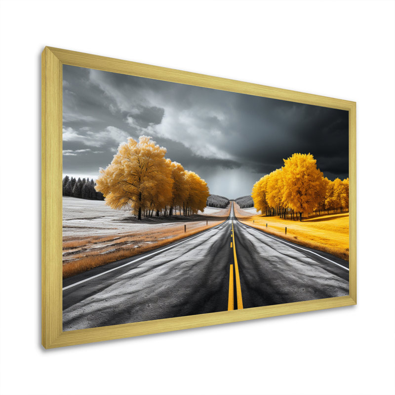 " Road Through Yellow White Forest II ", 34" H x 44" W x 1.5" D, Gold Single Picture Framed