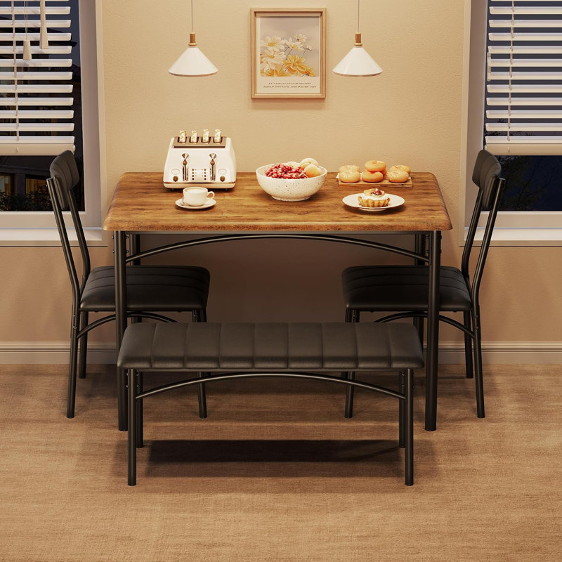 Space-Saving 4-Piece Dining Table Set with Upholstered Chairs & Bench – Compact Industrial Kitchen & Dining Room Furniture – Ideal for Small Spaces – Vintage Colour