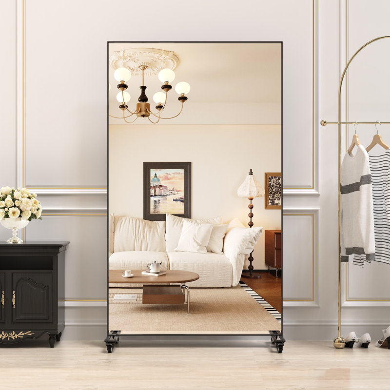 Grand miroir de 67 po x 40 po avec roulettes, miroir carré suspendu, cadre en métal noir, couleur réfléchissante haute définition, convient à la chambre à coucher et au salon