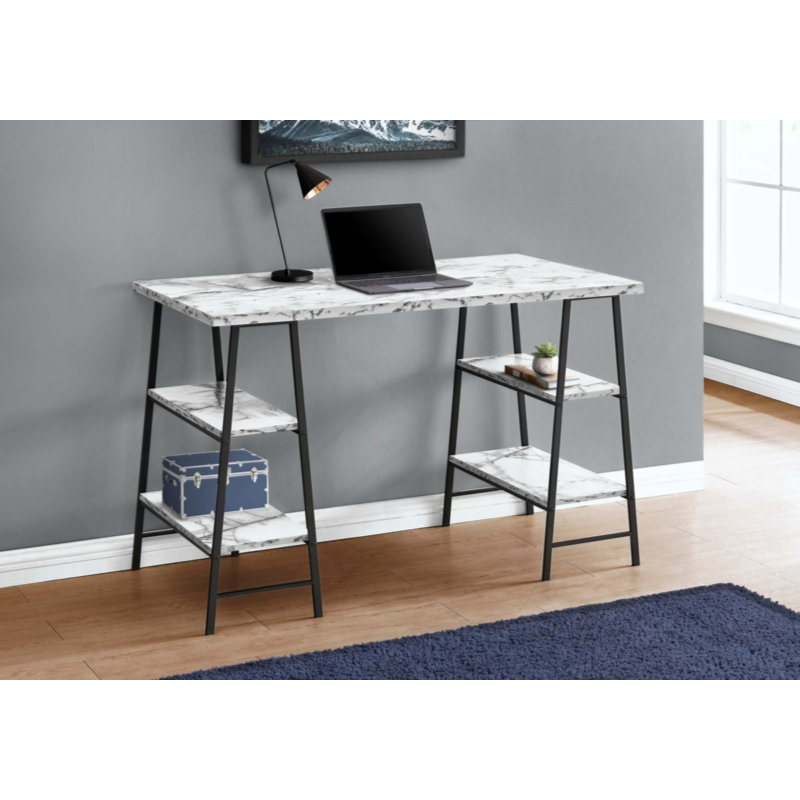 Bureau d'ordinateur, bureau personnel, ordinateur portable, tablettes de rangement, travail, métal stratifié d'aspect marbre, contemporain, moderne