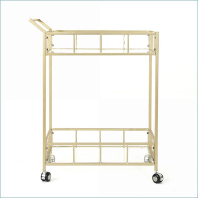 Chariot-bar moderne en argent brossé avec tablettes en verre trempé | Roulettes à roulettes | Verre et métal | Argent brossé