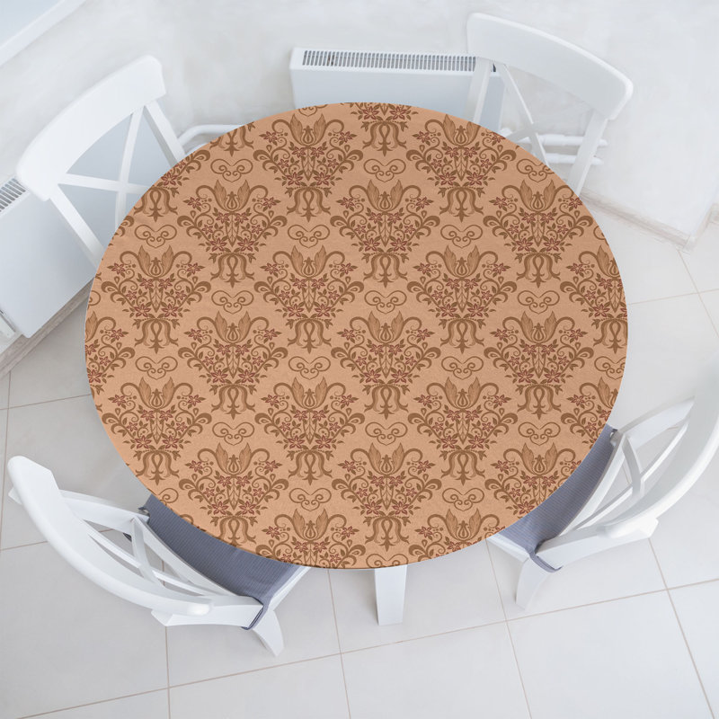 House of Hampton® Autumn Damask Fitted Round Tablecloth Almond and Pale Caramel, 51.97" Round