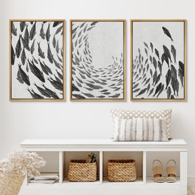 Nautical Animals Gray Swirling Fishes Marine Nautical Animal Neutral Pictures Framed Canvas 3 Piece Print Wall Art