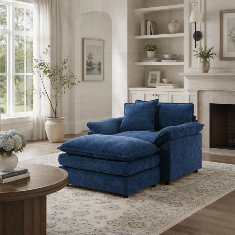 Fauteuil d'appoint moderne en chenille avec repose-pieds, idéal pour le confort du salon et de la chambre., Blue Chenille