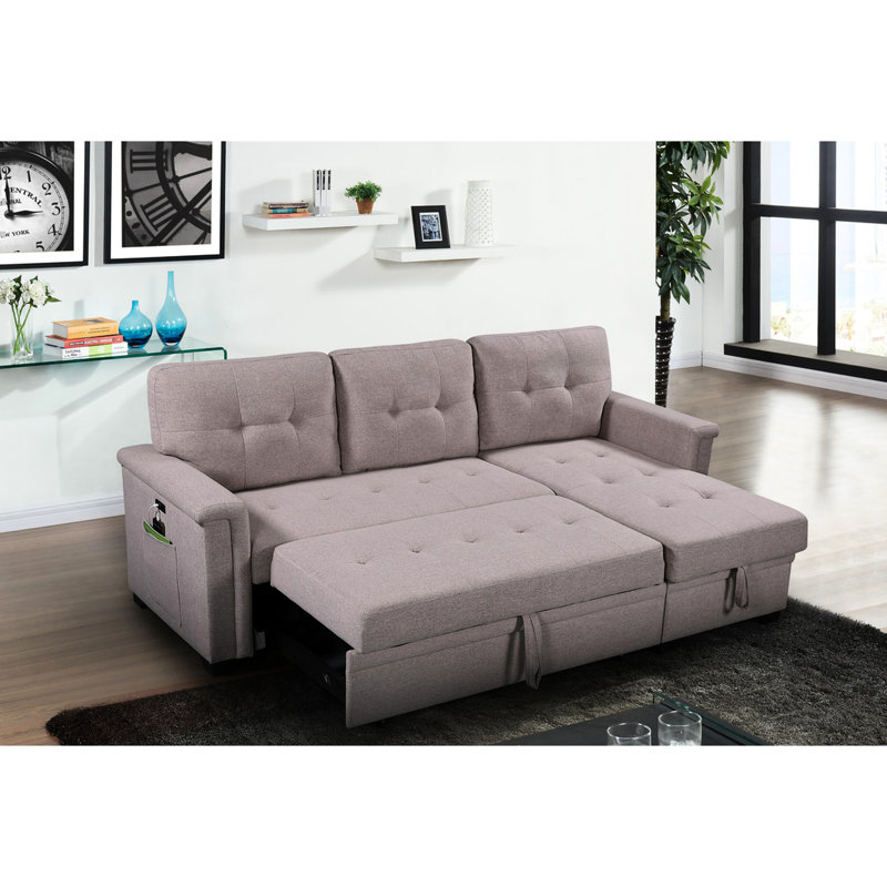84" Sectional With , Storage Chaise & 3 Seat Capacity Gray Sleeper Reversible Bed