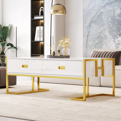 Table basse moderne moderne avec 4 tiroirs et base dorée de 47,3 po