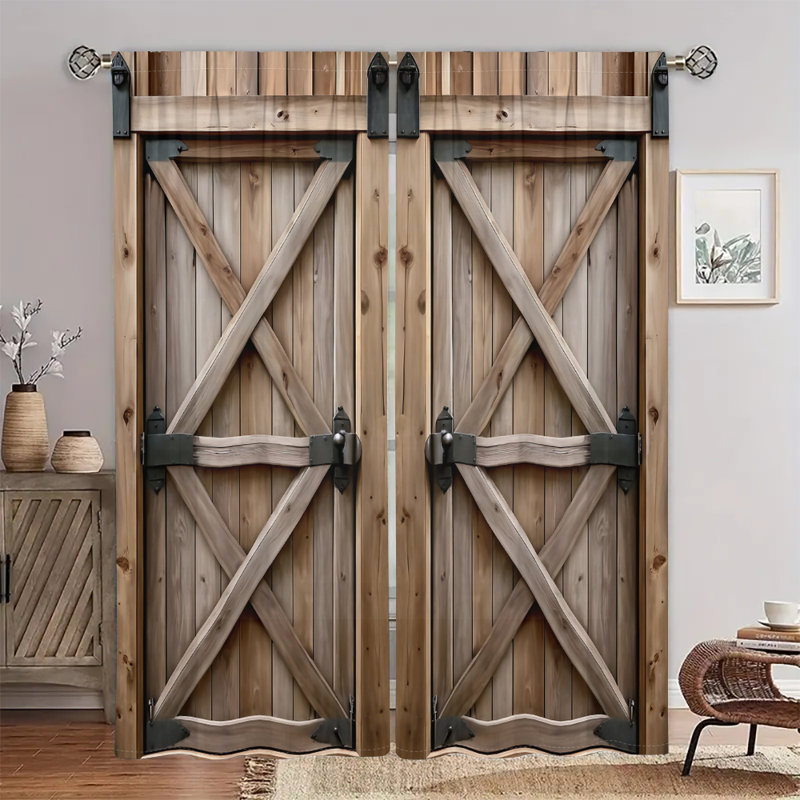 2Pcs Rustic Barn Door Print Curtain, Rod Pocket Mount, Digital Printing, Farmhouse Style, Suitable For Living Room, Bedroom, Kitchen, Dining, Home Decor