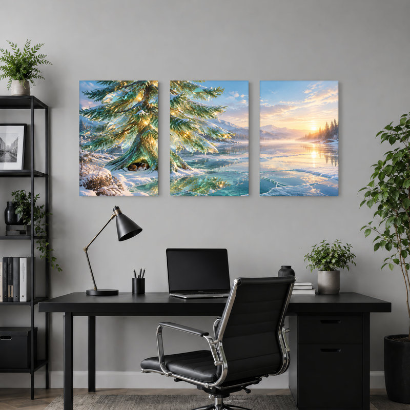 Glowing Ice Tree Sheltering Sleeping Dog Christmas Set Of 3 Canvas Wall Art, 60"W x 30"H Overall - 3 Panels