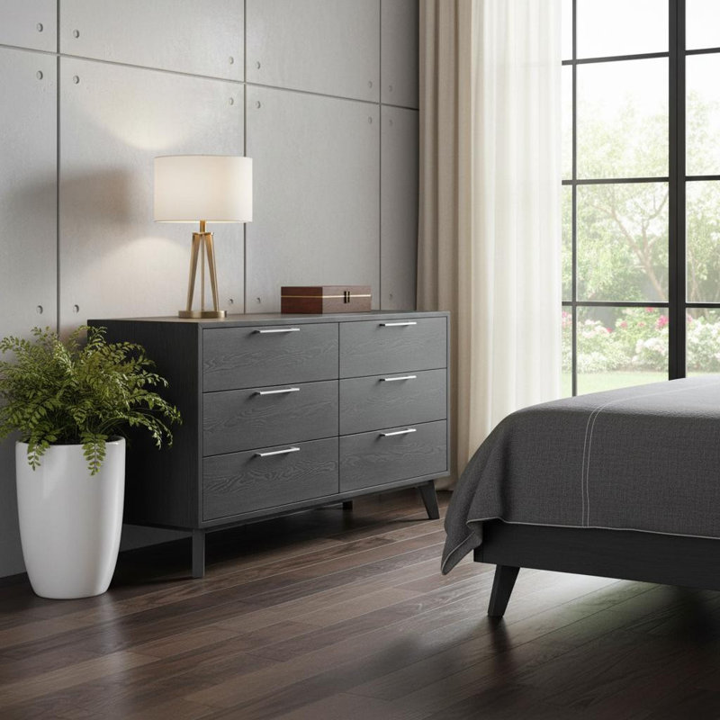  51" Grey Wash Solid Wood Six Drawer Double Dresser