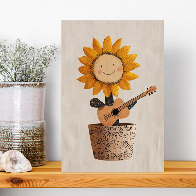 Joyeux tournesol jouant de la guitare, impression fantaisiste rustique, tournesol, paysage, impression murale