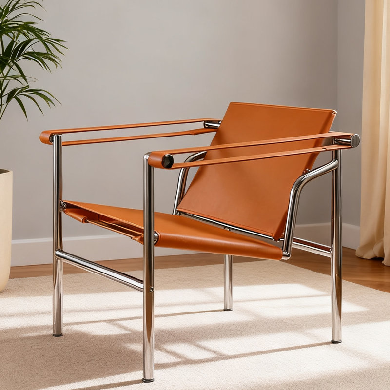 Avaeh 23.62'' Wide Faux Leather Accent Armchair with Reversible Backrest and Stainless Steel Frame, Amber