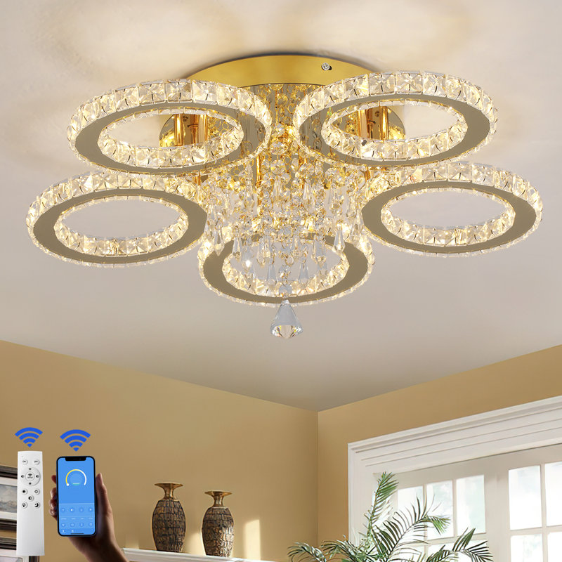 Luxury Ring LED Crystal Chandelier, Gold Finish And K9 Crystal Accents, Yes, 5 Lights, 3000 Kelvins-6000 Kelvins