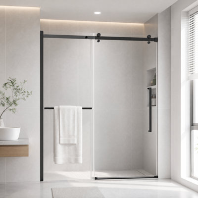 Porte de douche coulissante réversible sans cadre l 50 à 60 po x H 72 po avec verre trempé transparent de 1/4 po (6 mm)