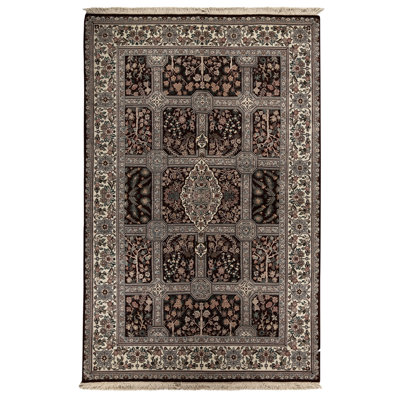Tapis gris / noir / beige / vert noué à la main de haute qualité
