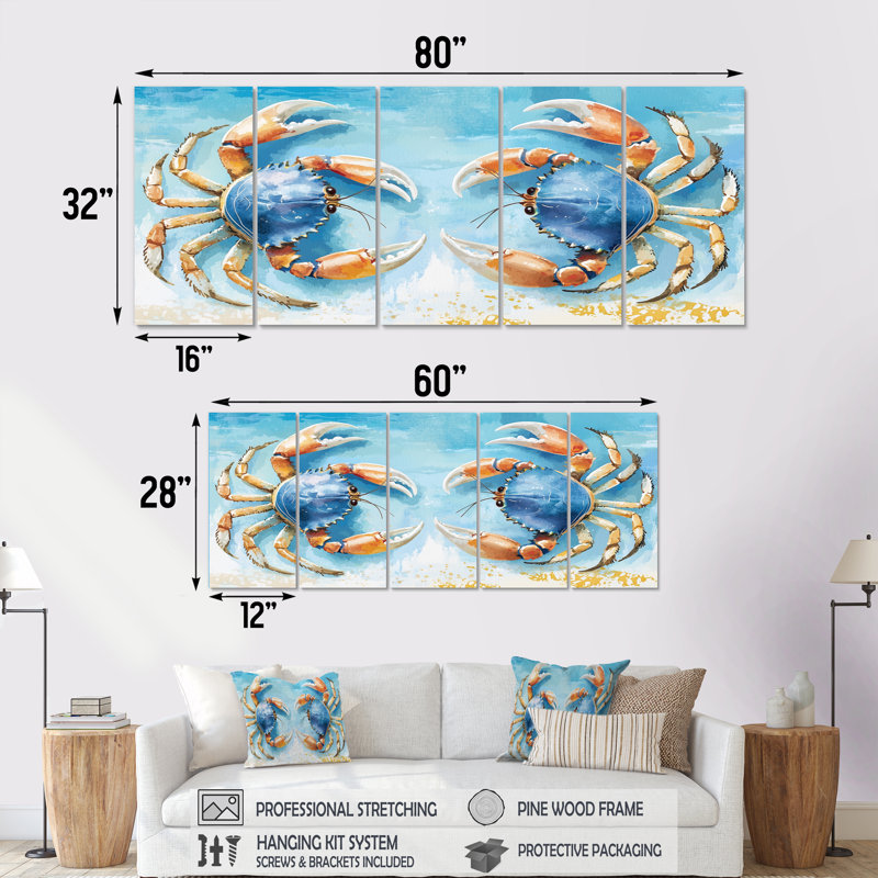 Bataille de crabe bleu à la plage III - ensemble d'art mural crabe, H 28 po x l 60 po