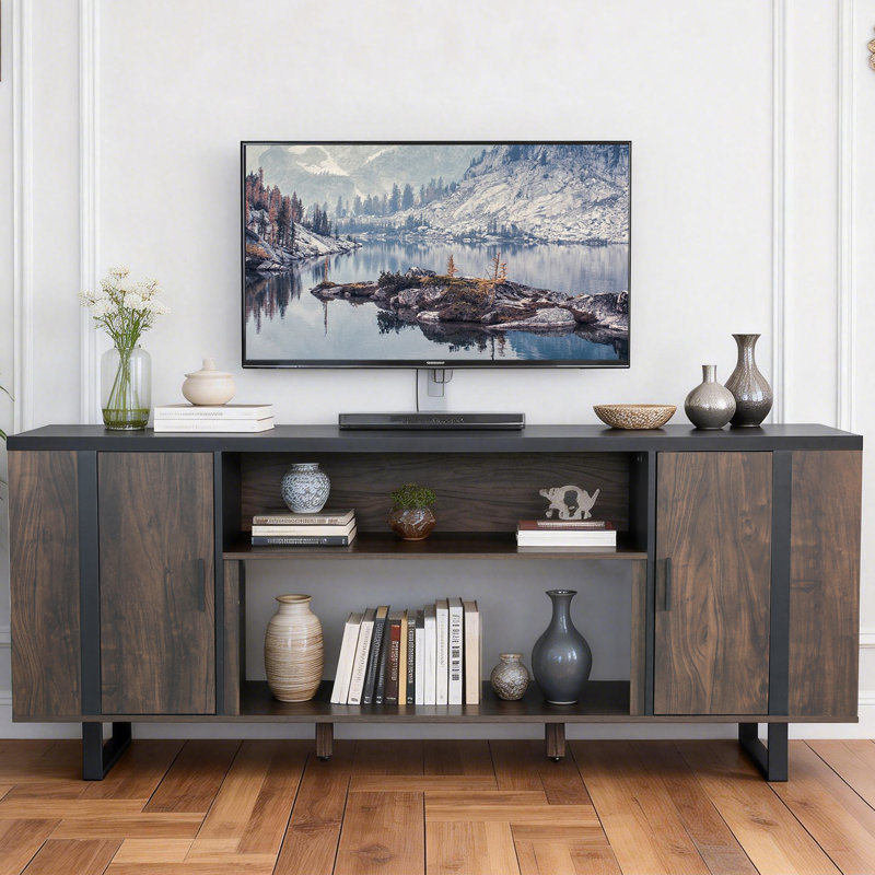 72" Modern TV Stand For Tvs Up To 85" With Adjustable Storage, Metal Legs & Brown Wood Finish, No, Manufactured Wood/Metal