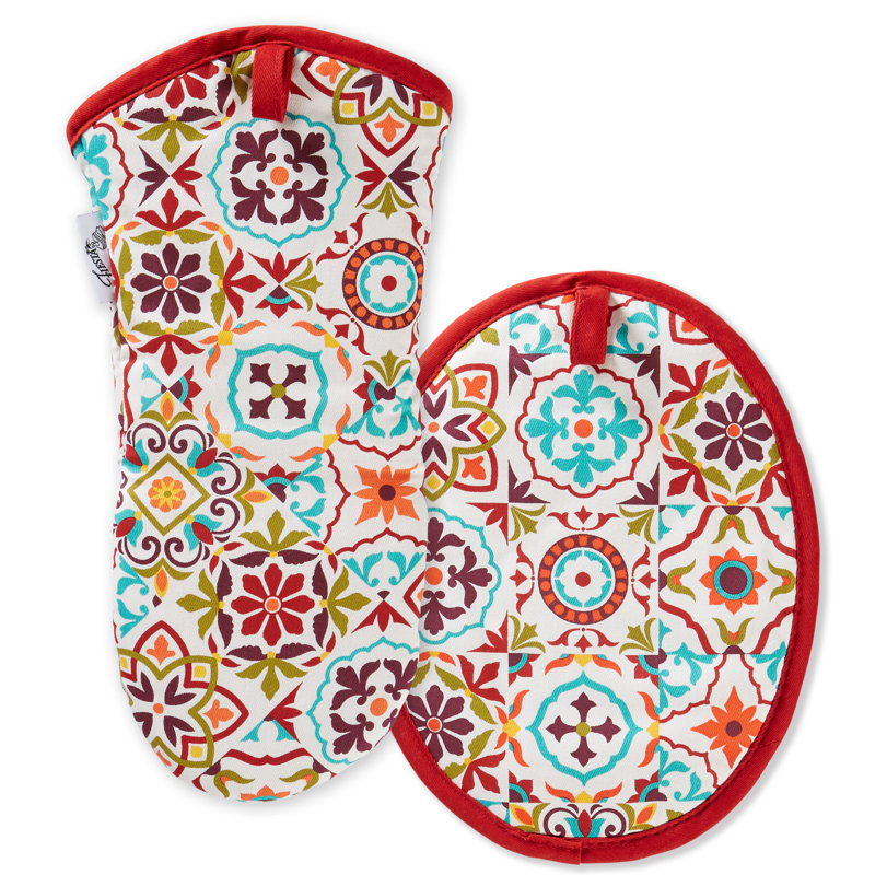 Fiesta Worn Tiles Oven Mitt & Pot Holder 2-Pack Set, Red