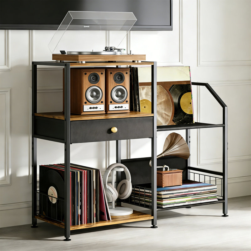 Support pour tourne-disque à 3 niveaux avec tablette en vinyle pour 200 albums, support pour tourne-disque et table de bout rétro, noir et brun
