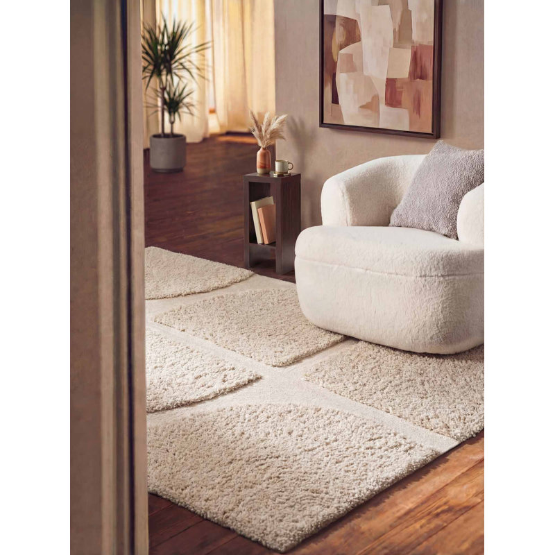 Denten Geometric Hand Tufted Shag Area Rug, Cream, Rectangle 200 x 300 cm