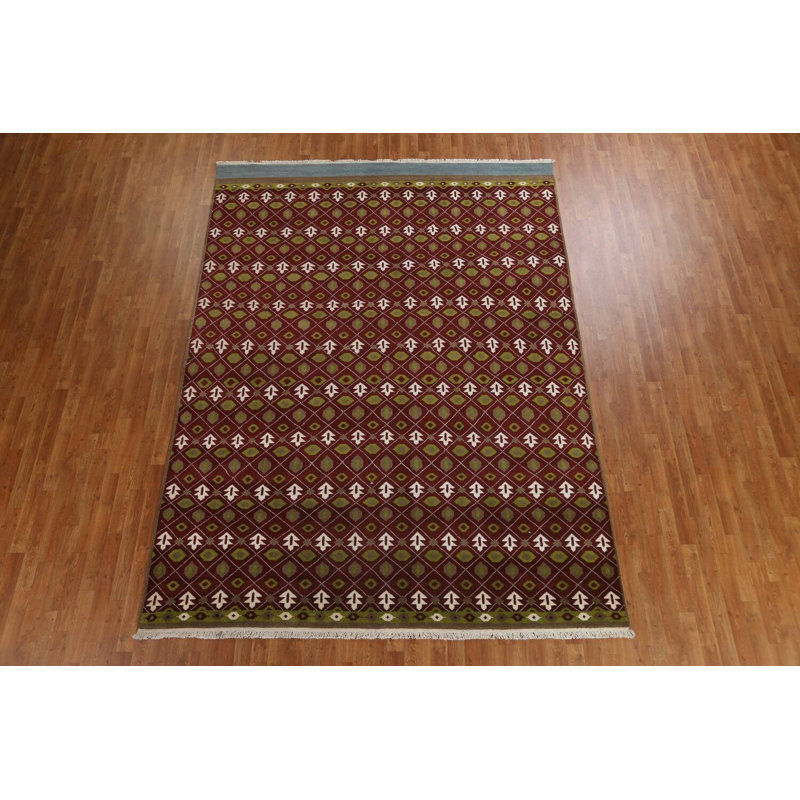 Tapis rouge / vert / ivoire en laine nouée à la main de conception unique 8 pi x 10 pi 10 po New Age
