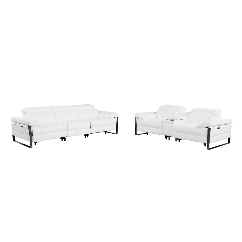 Ensemble de canapé modulaire inclinable électrique en cuir italien avec accoudoirs électriques et console, Blanc