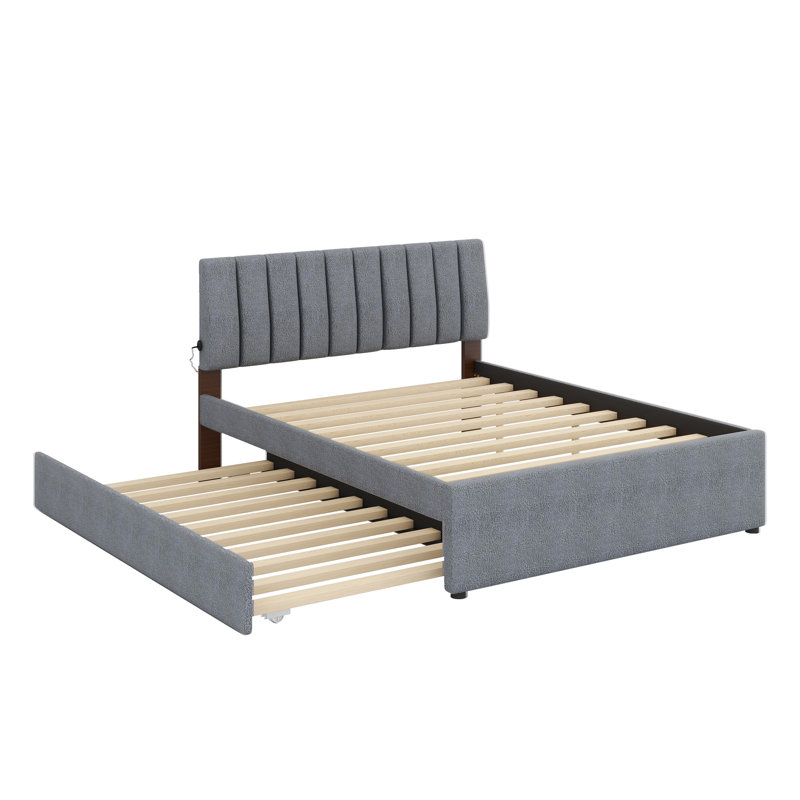 Lit plateforme tapissier avec lit gigogne, Gris