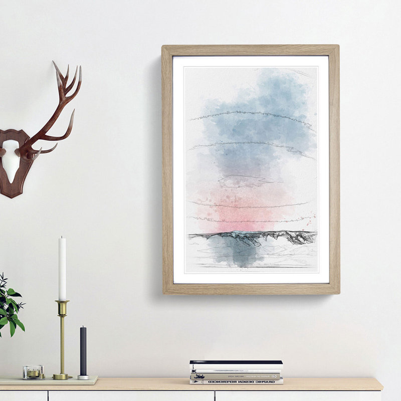 Sunset over the Mountains - Picture Frame Painting Print, 45cm H x 33cm W x 2cm D, Oak Framed