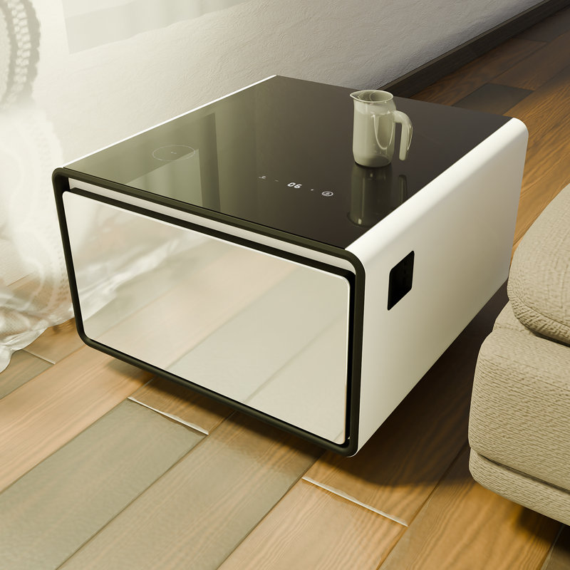 Table d'appoint moderne et intelligente avec réfrigérateur intégré, charge sans fil, contrôle de la température, Noir blanc