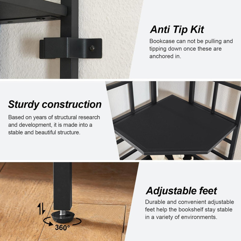 Black Tall Industrial Corner Bookshelf with Adjustable Shelves