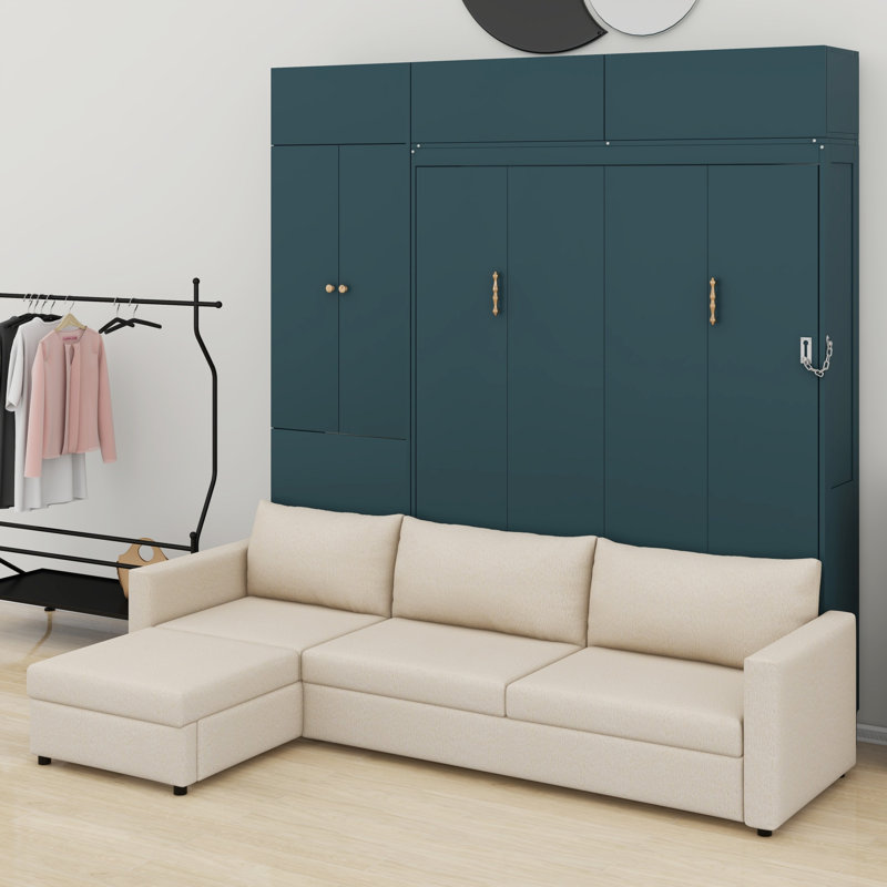 Lit escamotable compact avec canapé et tablettes intégrés, Vert