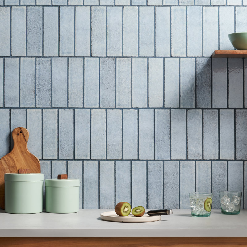 Groovy 2" x 8" Glossy Lava Stone Subway Wall Tile (3.88 Sq. Ft. / Case), Arctic Blue
