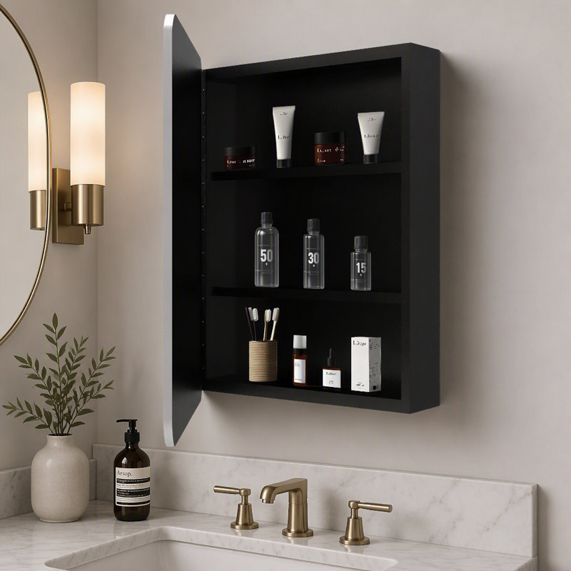 Armoire à pharmacie murale ou encastrée avec miroir et cadre en métal argenté de 24 x 30 pouces, solution de rangement élégante et peu encombrante