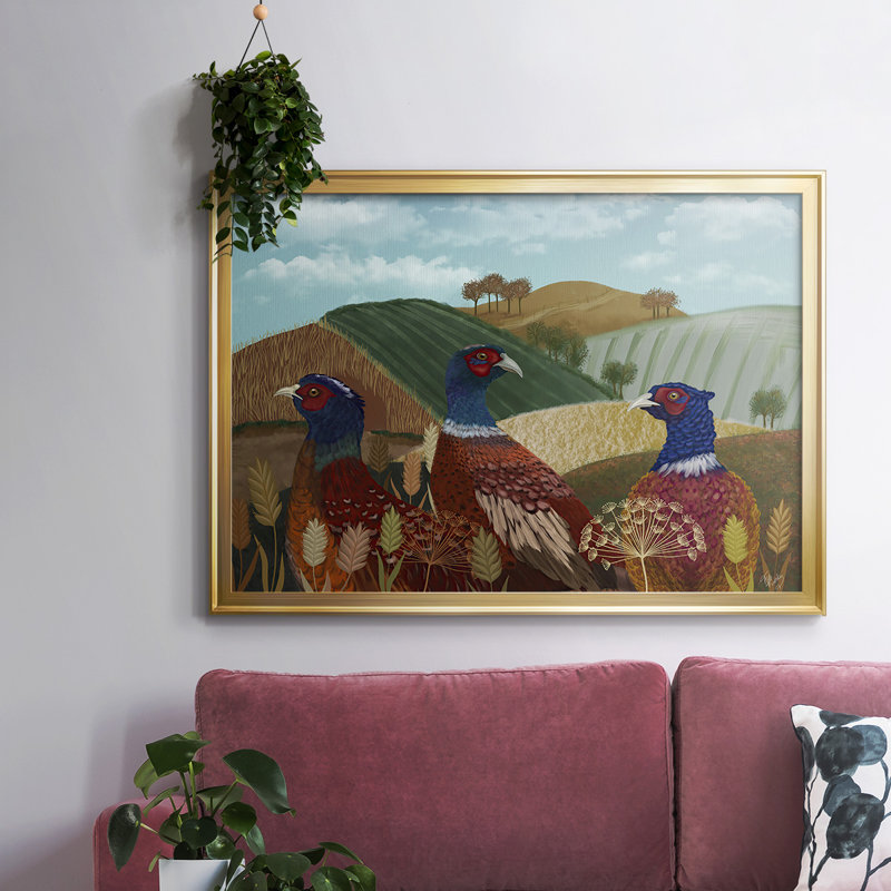 «Pheasant Trio in Field», reproduction sur toile flottante, Toile encadrée dorée avec coins fermés