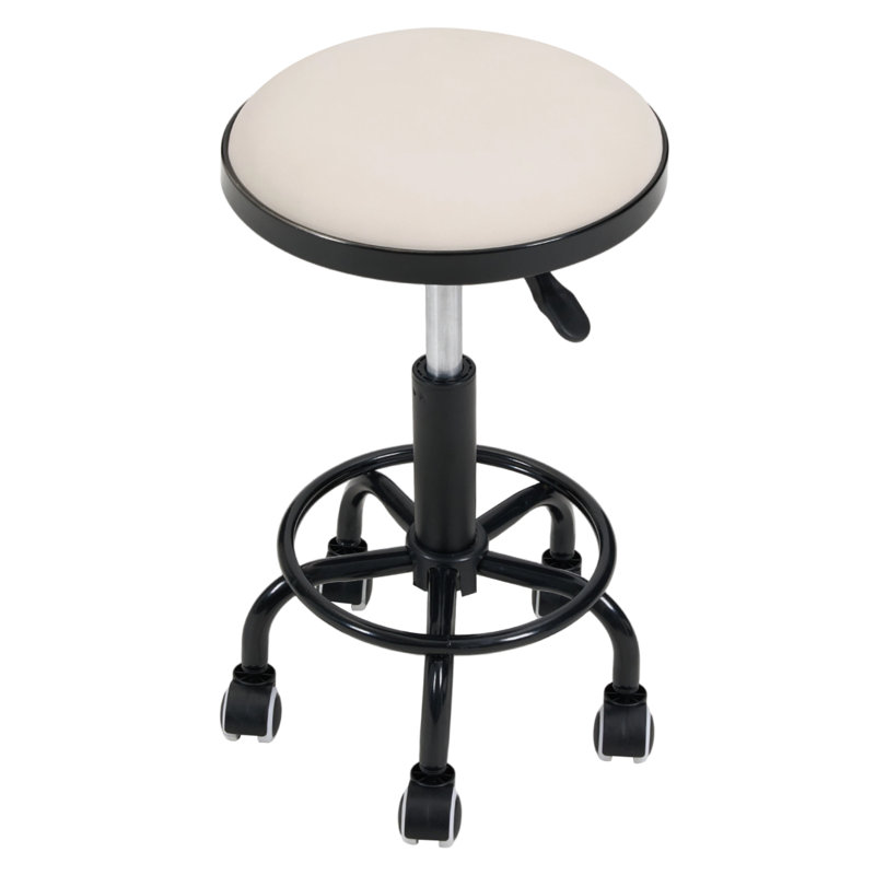 Height-Adjustable PU Leather Round Salon Rolling Stool, Black, Beige