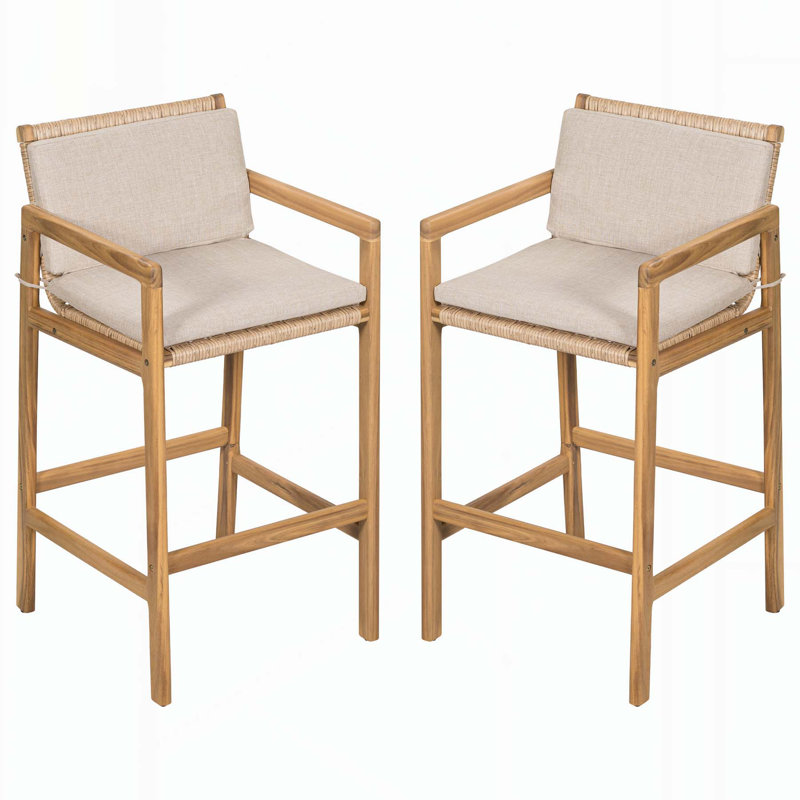 Outdoor Barstool Set of Two Crafted from High - Quality Wood with Woven Elements and Comfortable Integrated Cushions
