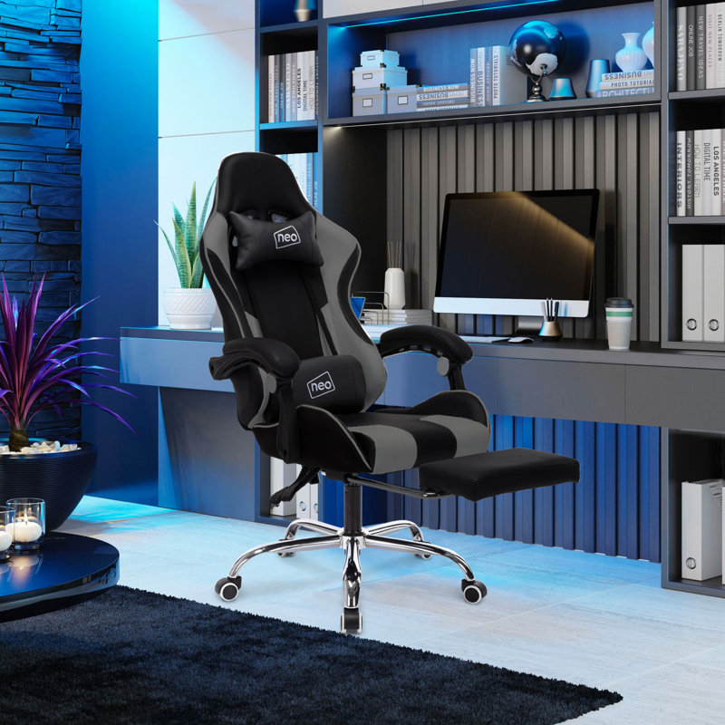 NeoDirect Adjustable Reclining Ergonomic Faux Leather Swiveling PC & Racing Game Chair with Footrest in Grey