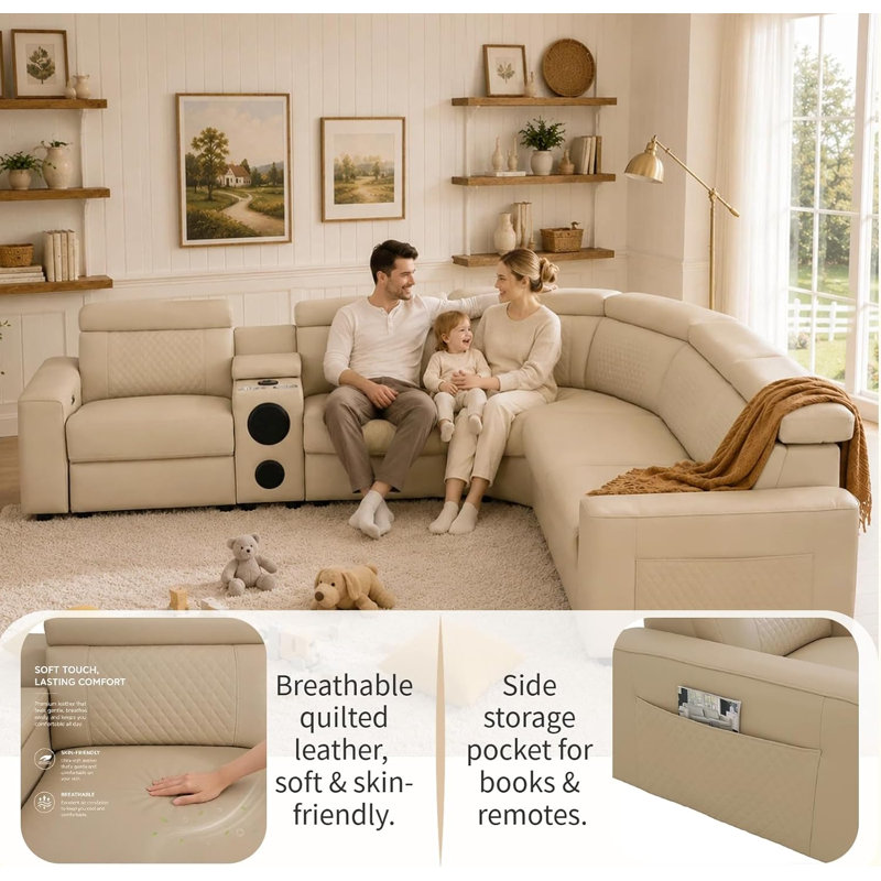 Canapé modulaire inclinable électrique en cuir 6 pièces de luxe avec appuis-tête réglables, console de rangement, haut-parleurs Bluetooth et éclairage DEL