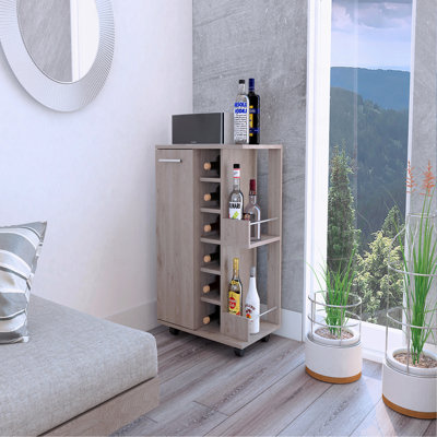 Bar Cart, Two External Shelves, Four With Casters, Six Built-In Wine Rack, Single Door Cabinet