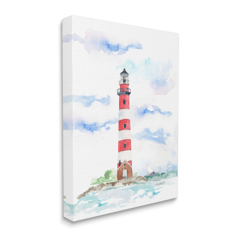 Phare à rayures rouges, paysage côtier doux, H 20 po x l 16 po, Toile tendue