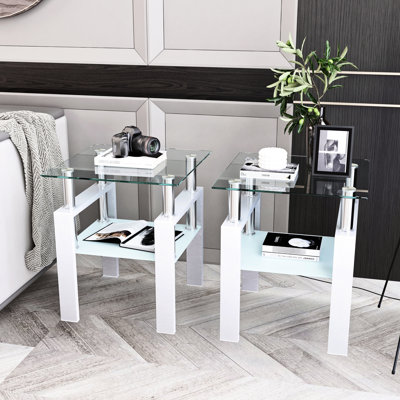 De 2 tables de salon en verre trempé, table basse et de bout moderne, carrée, transparente / blanche, capacité de charge de 150 lb, table carrée tendance pour chambre à coucher, blanc transparent, structure en métal, facile à