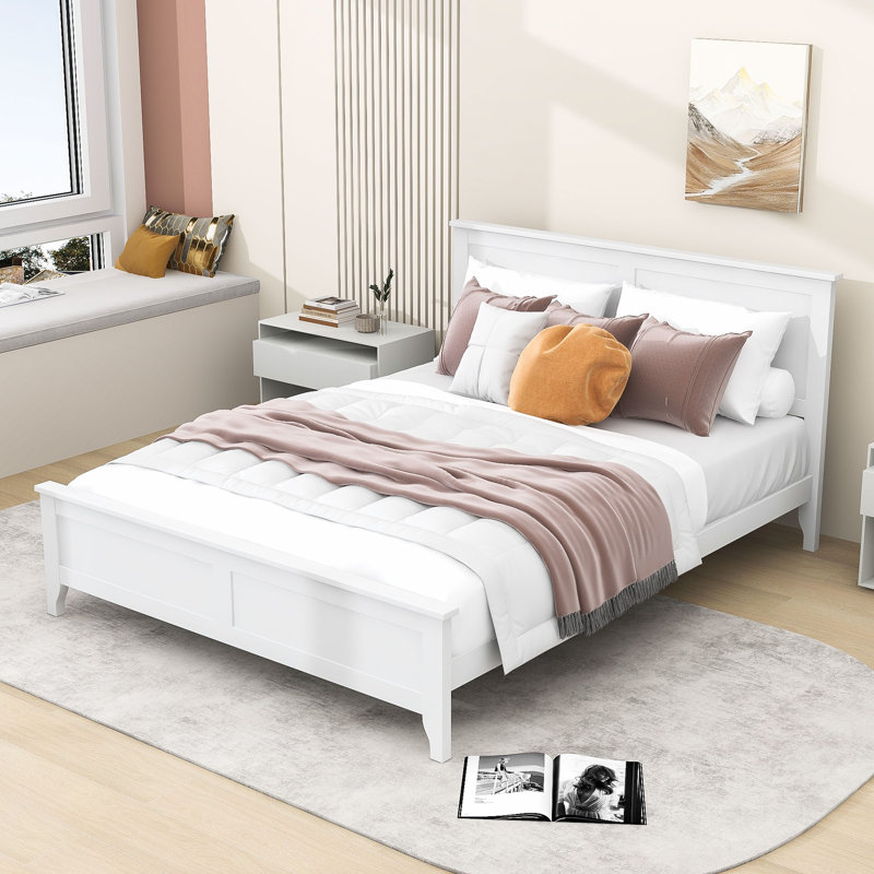 Zachai Wood Platform Bed Frame with Headboard, White, Queen