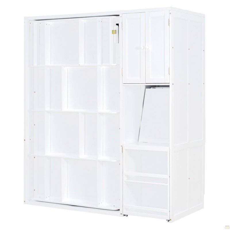 Lit escamotable mural simple avec bibliothèque, tablette supérieure, bureau extensible et rangement latéral, blanc