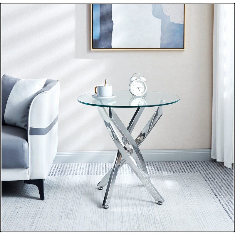 Table de bout moderne en verre trempé avec pieds en acier inoxydable, Argent argent