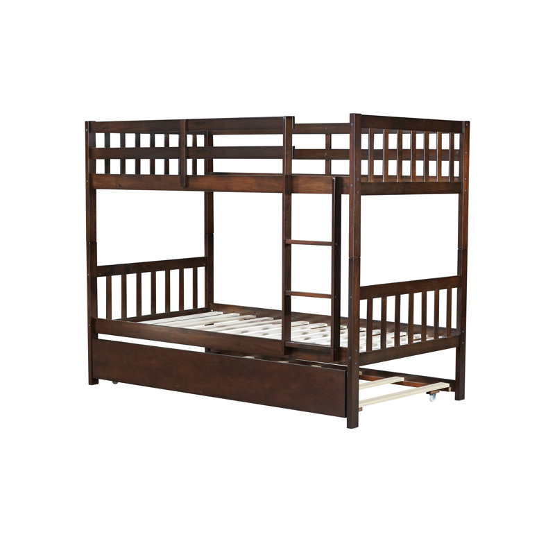 Twin Over Twin Bunk Bed with Trundle for 3 Kids, Wood Convertible Bunk Bed Frame with Safety Guardrail & Ladder Detachable Bed for Small Bedroom Guest Room, Espresso