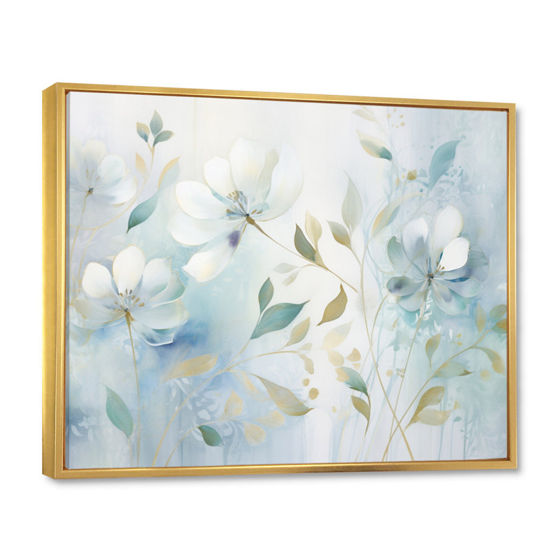 «Blue Botanical Rhythms I», art mural abstrait sur toile, Cadre flottant doré, H 24 po x l 32 po x P 1 po